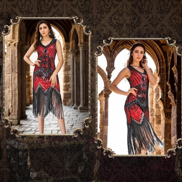 1920s Flapper Dress Sequin Fringe Midi Roaring Gatsby Costume Accessories - Picture 4 of 5